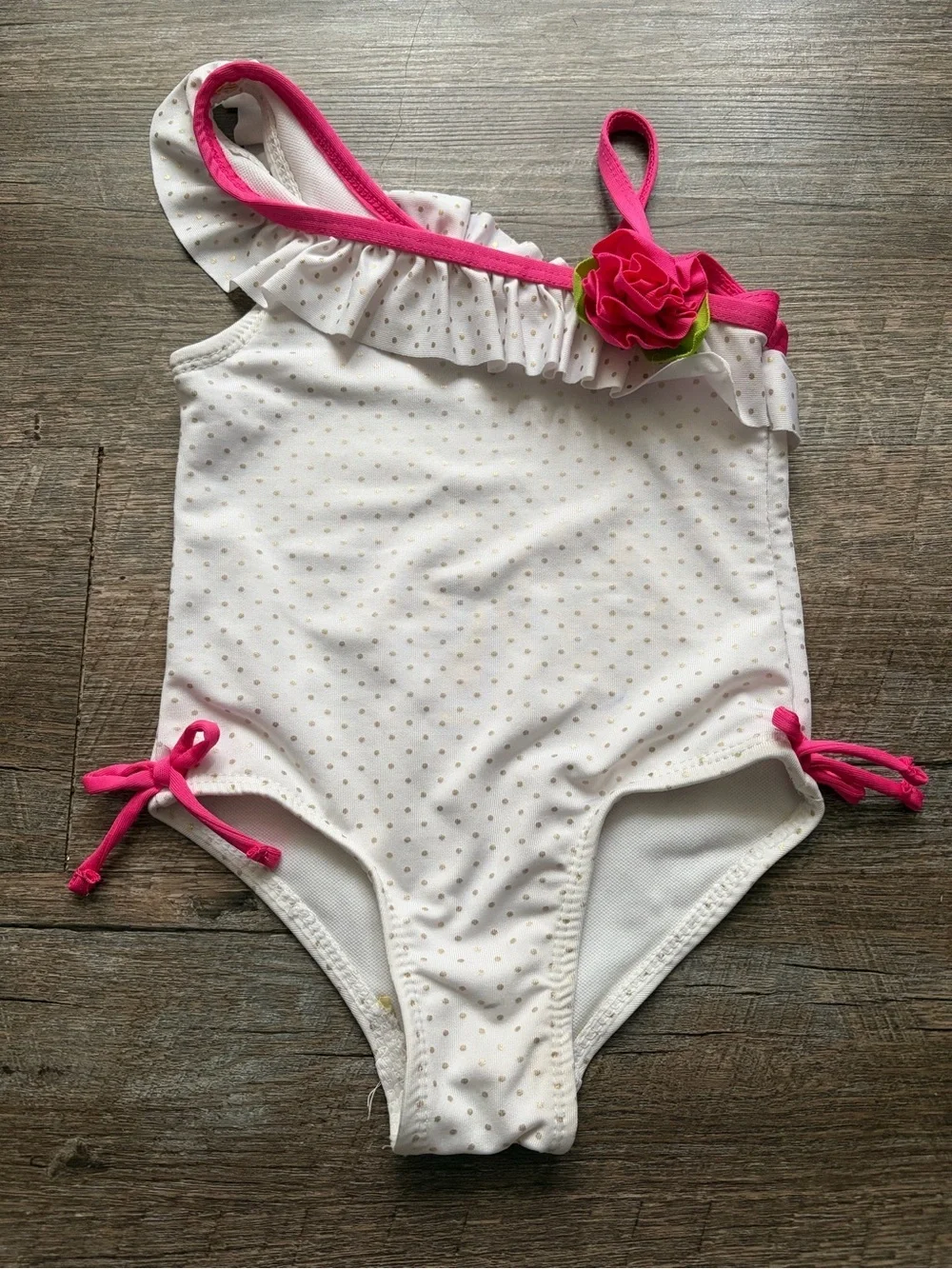 Penelope Mack White Swimsuit with Pink Trim & Flower